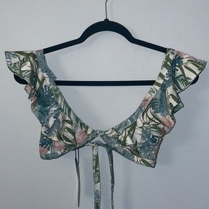 Pretty Little Thing Pale Khaki Leafy Frill Tie Front Bikini Top